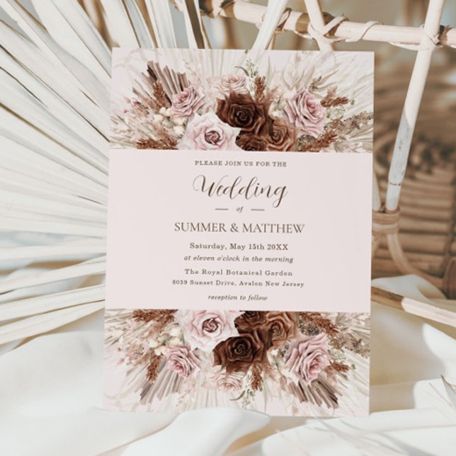 Boho Dusty Pink Brown Flowers Pampas Grass Wedding Invitation (Creator Uploaded)
