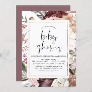 Boho Dusty Pink Burgundy Baby Shower Invitation