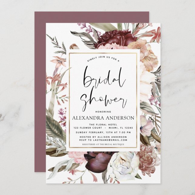 Boho Dusty Pink Burgundy Bridal Shower Invitation (Front/Back)