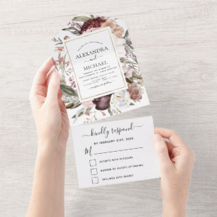 Boho Dusty Pink Burgundy Wedding RSVP All In One Invitation