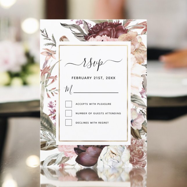 Boho Dusty Pink Burgundy Wedding RSVP Invitation (Creator Uploaded)
