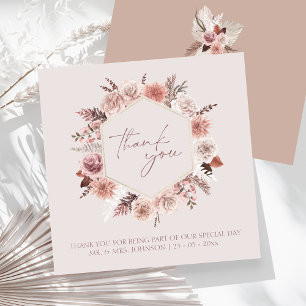 Boho Dusty Pink Dried Flowers Wreath Wedding Thank You Card