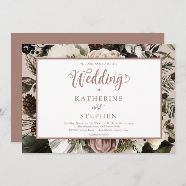 Boho Dusty Pink Floral Bouquet Wedding  Invitation (Front/Back)