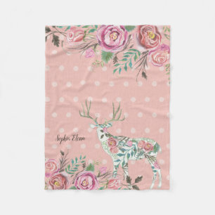 BOHO Dusty Pink Floral Deer Antler Baby Girl Name Fleece Blanket