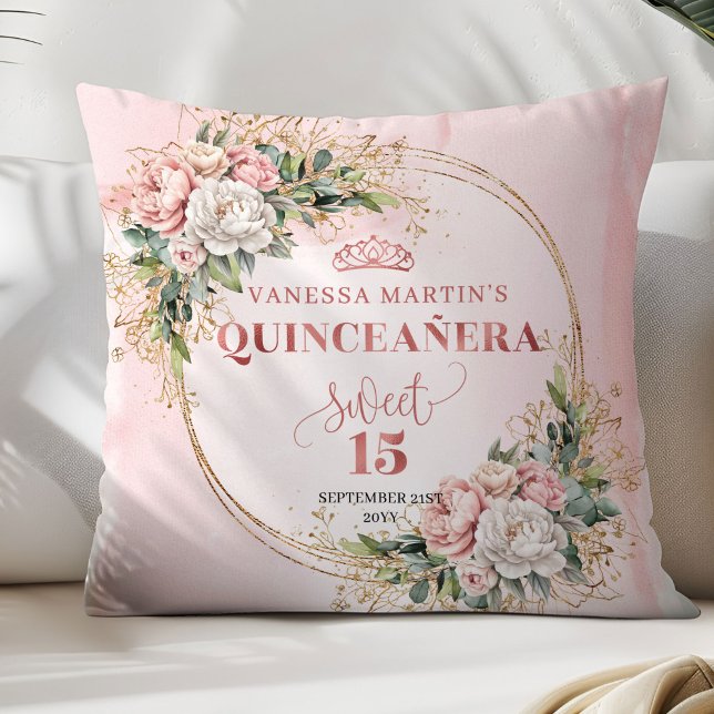 Boho Dusty Pink Floral Greenery Sweet 15 Birthday Cushion (Dusty Pink Floral Greenery Sweet 15 Birthday Pillow)