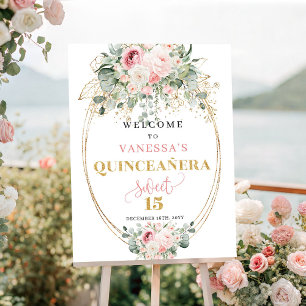 Boho Dusty Pink Floral Quinceañera Welcome Poster