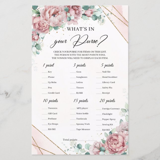 Boho dusty pink floral What is in Your Purse Game (Front)