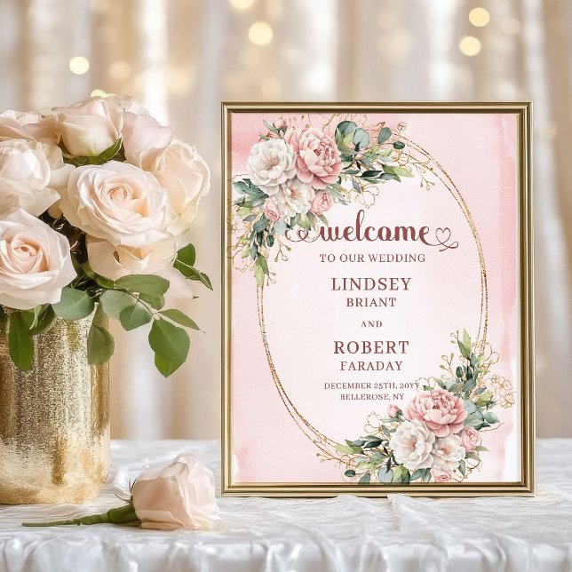 Boho Dusty Pink Flowers Gold Glitter Welcome Sign (Boho Dusty Pink Flowers Gold Glitter Welcome Sign)
