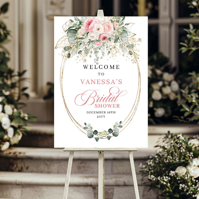Boho Dusty Pink Flowers Greenery Bridal Shower  Poster (Boho Dusty Pink Flowers Greenery Bridal Shower Welcome)