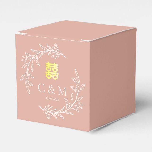 Boho dusty pink leaf wreath modern Chinese wedding Favour Box (Front Side)