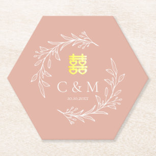 Boho dusty pink leaf wreath modern Chinese wedding Paper Coaster