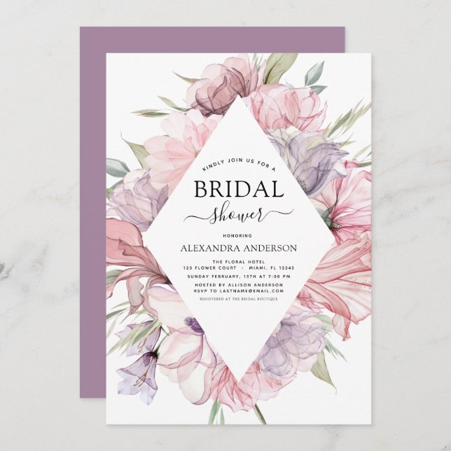 Boho Dusty Pink Purple Bridal Shower Invitation (Front/Back)