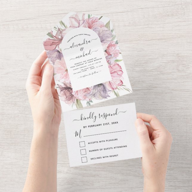 Boho Dusty Pink Purple Wedding RSVP All In One Invitation (Tearaway)