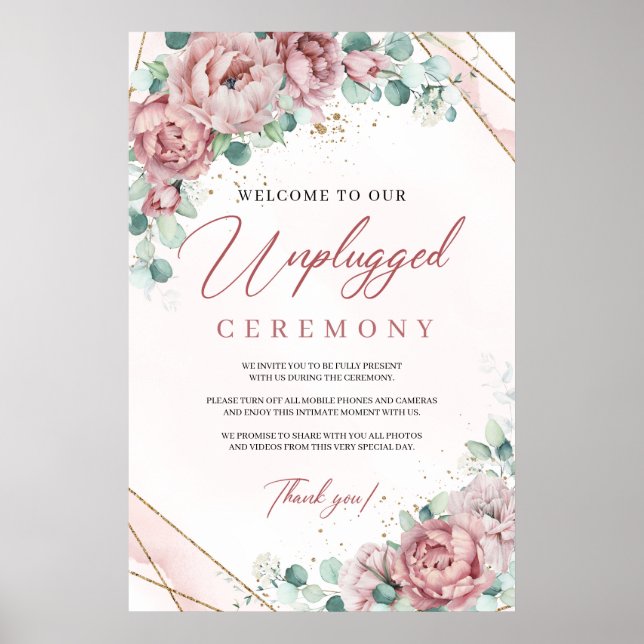 Boho dusty pink rose eucalyptus unplugged ceremony poster (Front)