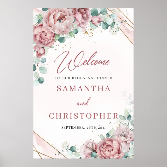 Boho dusty pink roses eucalyptus Rehearsal Welcome Poster (Front)