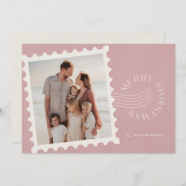 Boho Dusty Pink Stamp 2 Photo Christmas Holiday Card (Front/Back)
