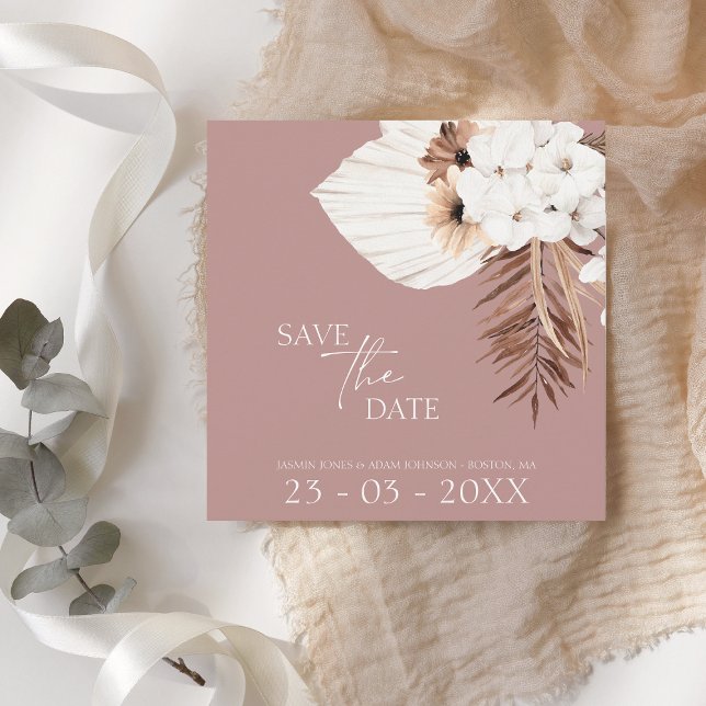 Boho Dusty Pink White Pampas Grass Wedding Save The Date (Creator Uploaded)
