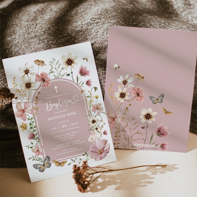 Boho Dusty Pink Wildflower Meadow Baptism  Invitation (Creator Uploaded)