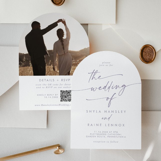 Boho Dusty Purple Photo QR Code Arch Wedding Invitation (Creator Uploaded)