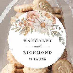 Boho Dusty Rose Floral Wedding Classic Round Sticker