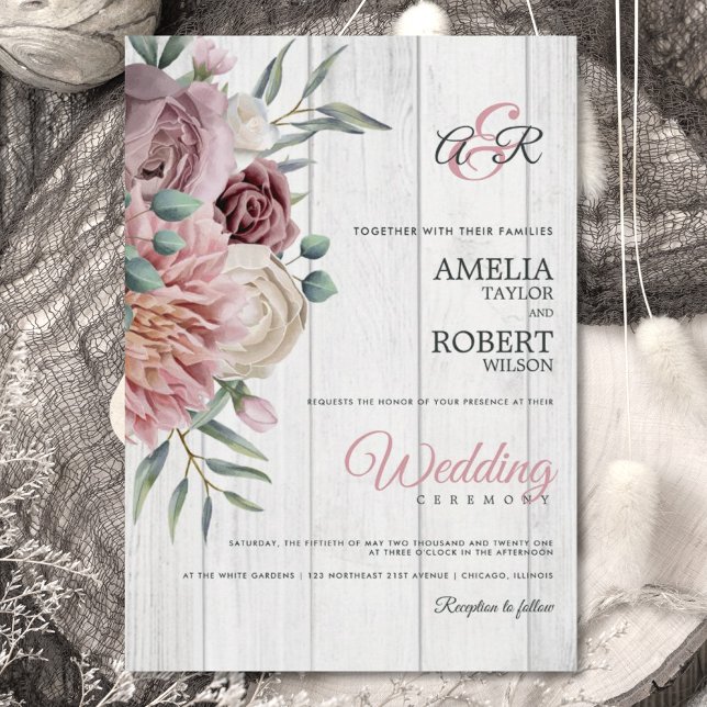 Boho Dusty Rose Floral Wood Invitation (Creator Uploaded)