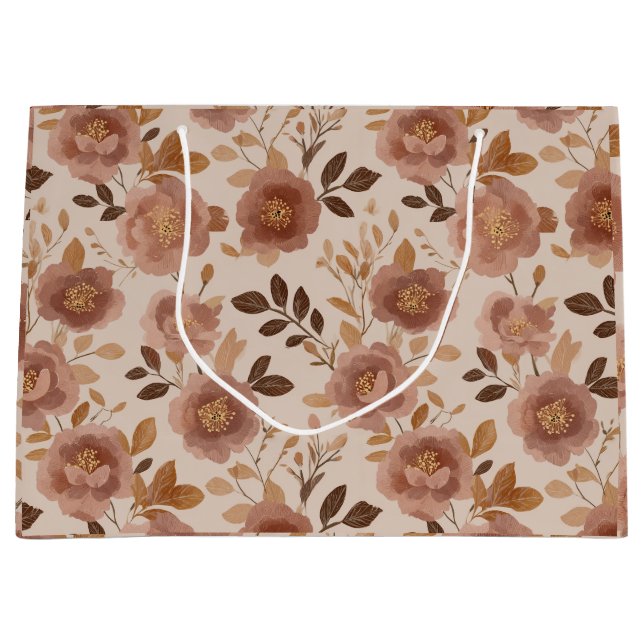 Boho Dusty Rose Flower Beige Floral Pattern Large Gift Bag (Front)