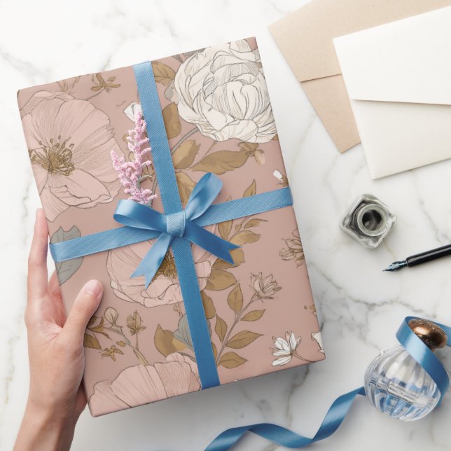 Boho Dusty Rose Flower Beige Floral Pattern Wrapping Paper (Gifting)