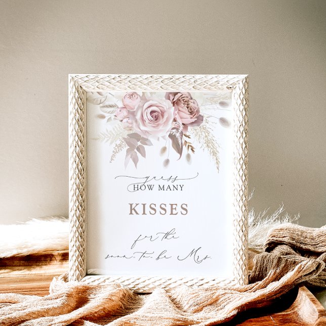 Boho Dusty Rose How Many Kisses Bridal Shower Game Poster (Creator Uploaded)