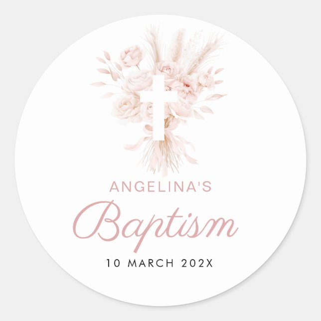 boho dusty rose pampas floral baptism classic round sticker (Front)