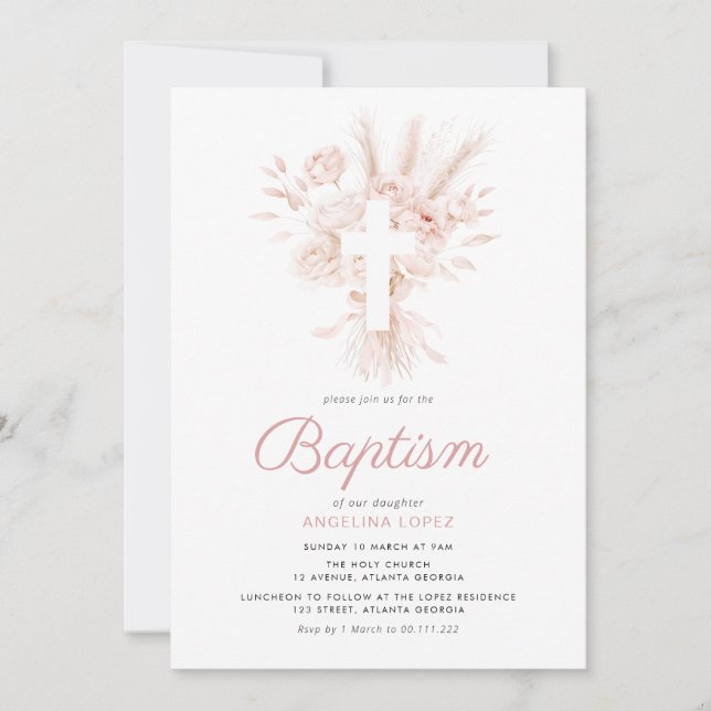 boho dusty rose pampas floral baptism invitation (Front)