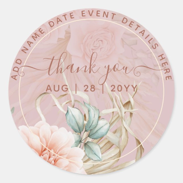  Boho Dusty Rose Pampas Grass Thank You Favour Cla Classic Round Sticker (Front)
