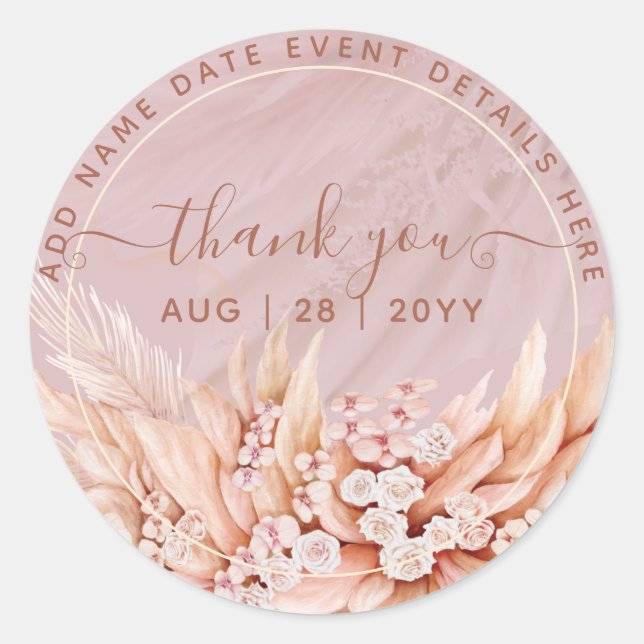  Boho Dusty Rose Pampas Grass Thank You Favour Cla Classic Round Sticker (Front)
