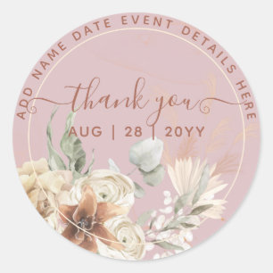  Boho Dusty Rose Pampas Grass Thank You Favour Classic Round Sticker