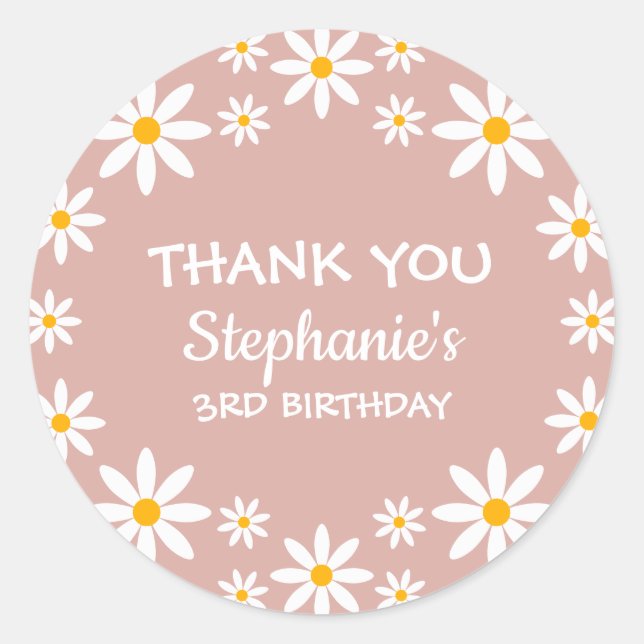 Boho Dusty Rose Pink Retro Daisies Birthay Party Classic Round Sticker (Front)