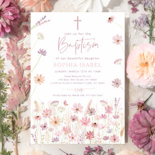 Boho Dusty Rose Wildflowers Baptism Invitation