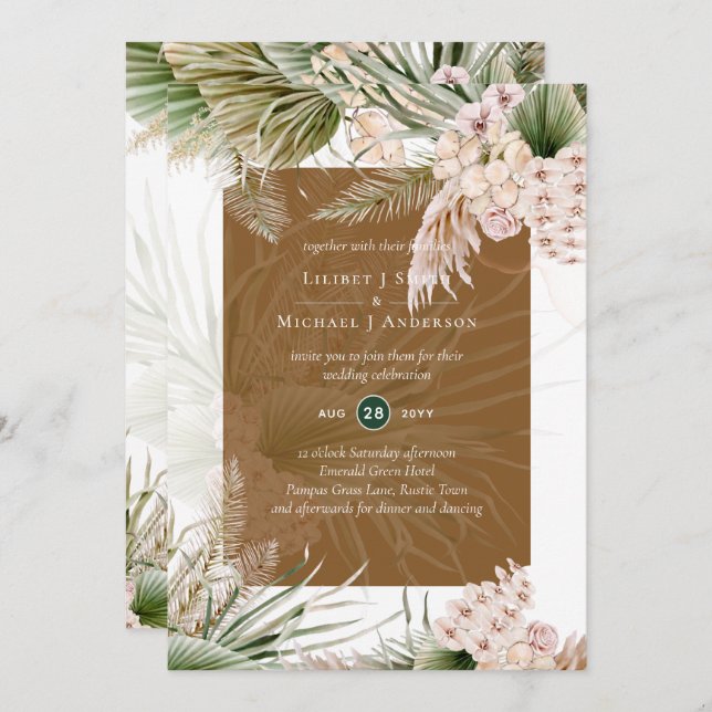 BOHO Earth Colour Pampas Grass Wedding Invitation (Front/Back)