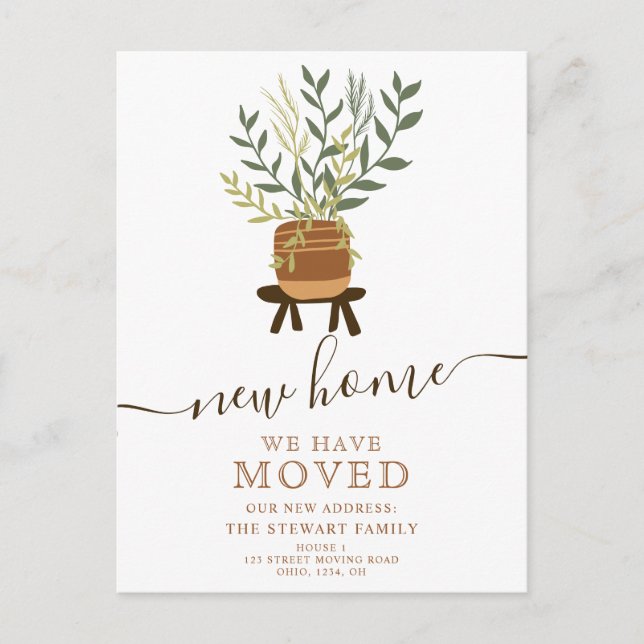 Boho earth retro house plant pot new home moving announcement postcard (Front)