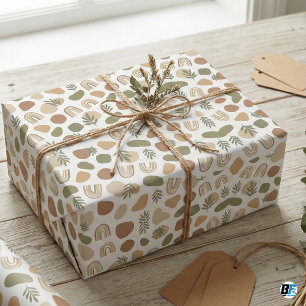 Boho Earth Tone Abstract Shapes & Botanical Rainbo Wrapping Paper