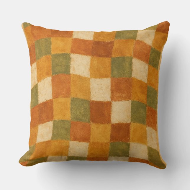 Boho Earth Tone Chequered Pattern Cushion (Front)