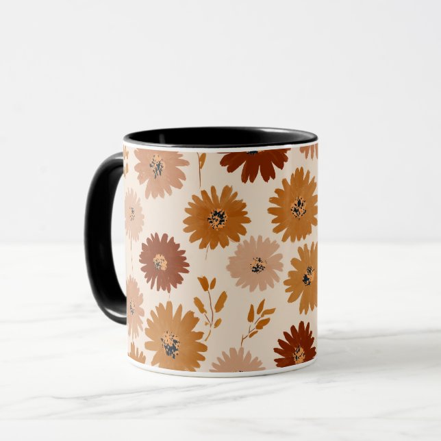 Boho Earth Tone Daisy Tan Floral Pattern Mug (Front Left)