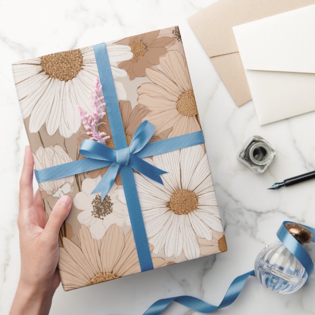 Boho Earth Tone Daisy Tan Floral Pattern Wrapping Paper (Gifting)