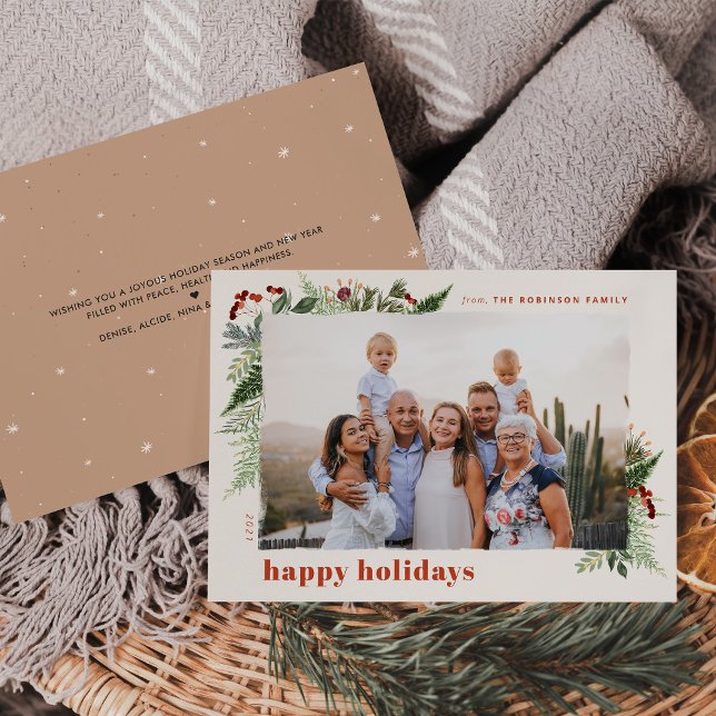 Boho Earthy Beige Terracotta Watercolor Greenery Holiday Card (Creator Uploaded)