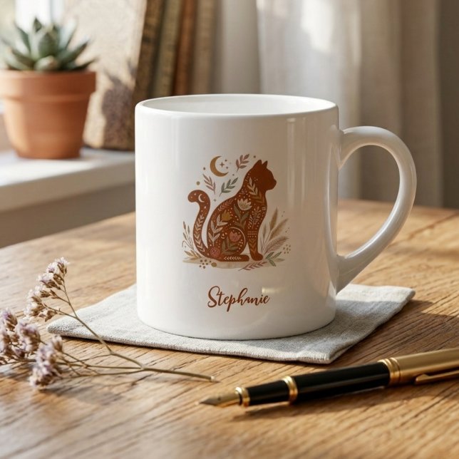 Boho Earthy Botanical Cat Soulmate Tribute Espresso Cup (Folk art floral cat espresso cup)