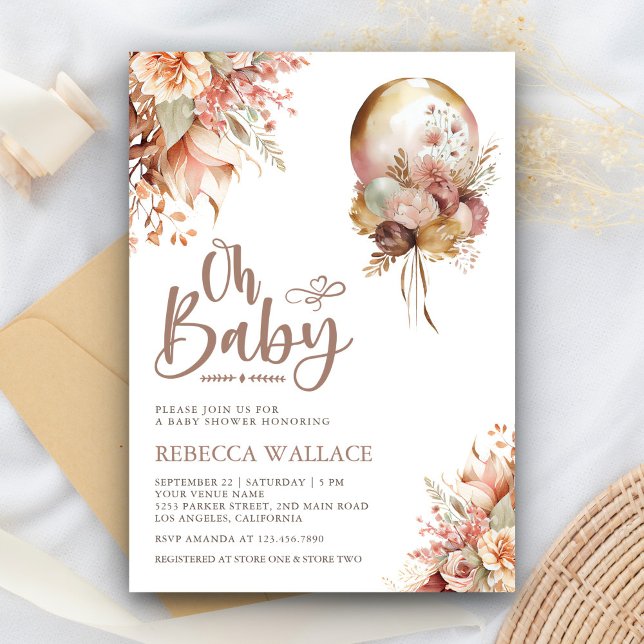 Boho Earthy Floral Balloon Girl Baby Shower Invitation (Creator Uploaded)