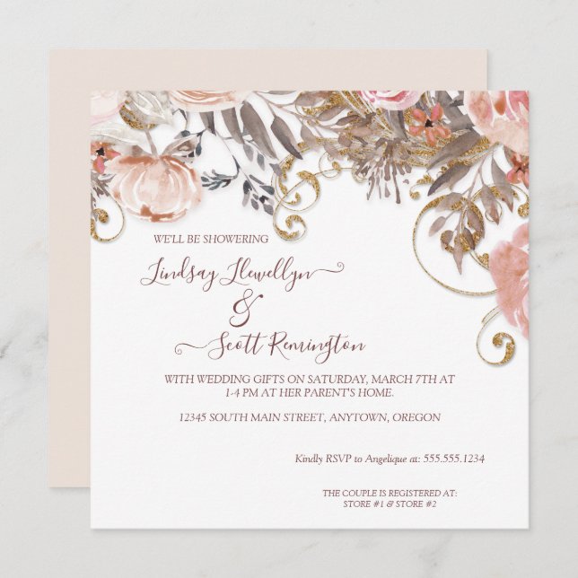 Boho Earthy Floral Pink Rose Gold Couples Shower Invitation (Front/Back)