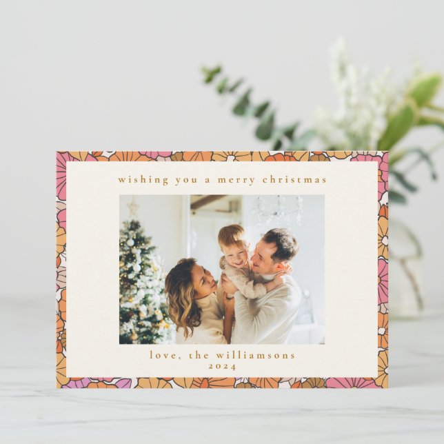 Boho Earthy Ochre Orange Floral Christmas Photo Holiday Card (Standing Front)