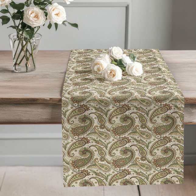 Boho Earthy Paisley Print Details Sage Green Brown Long Table Runner (Boho Earthy Paisley Print Details Sage Green Brown Long Table Runner)