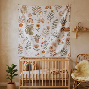 Boho Earthy Rainbow Botanical Nursery Wall Tapestry