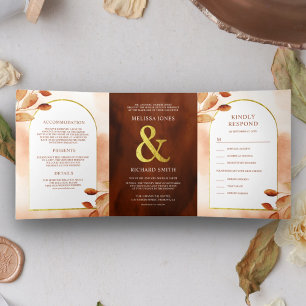 Boho Earthy Terracotta Leaves Arch 3 in 1 Wedding Tri-Fold Invitation
