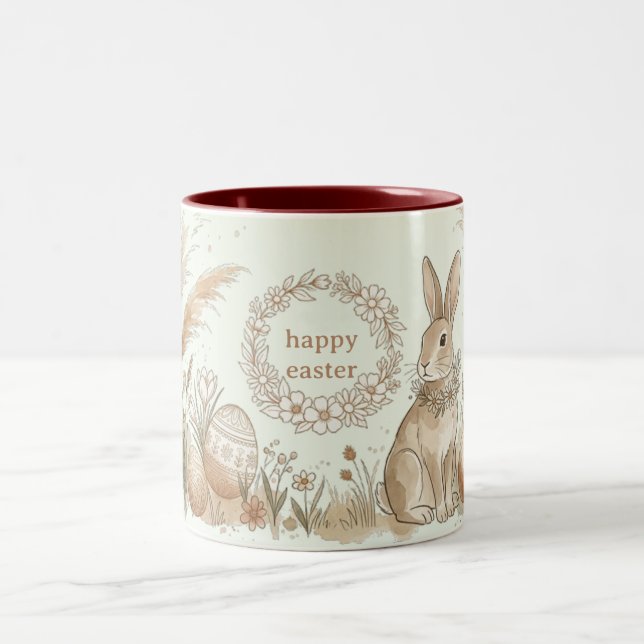 Boho Easter Bunny with Floral Wreath Illustration Two-Tone Coffee Mug (Center)